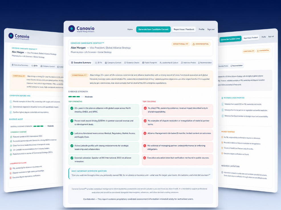 Conovio Context engine: gathers Job Description, Resume, and LinkedIn Profile inputs and outputs a structured leadership context with confidence score, career timeline, business impact, leadership signals, market reputation, and network influence.